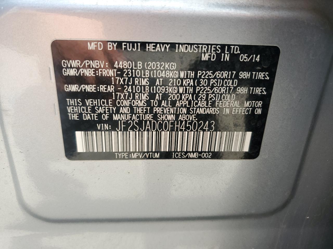 2015 Subaru Forester 2.5I Premium VIN: JF2SJADC0FH450243 Lot: 56870045