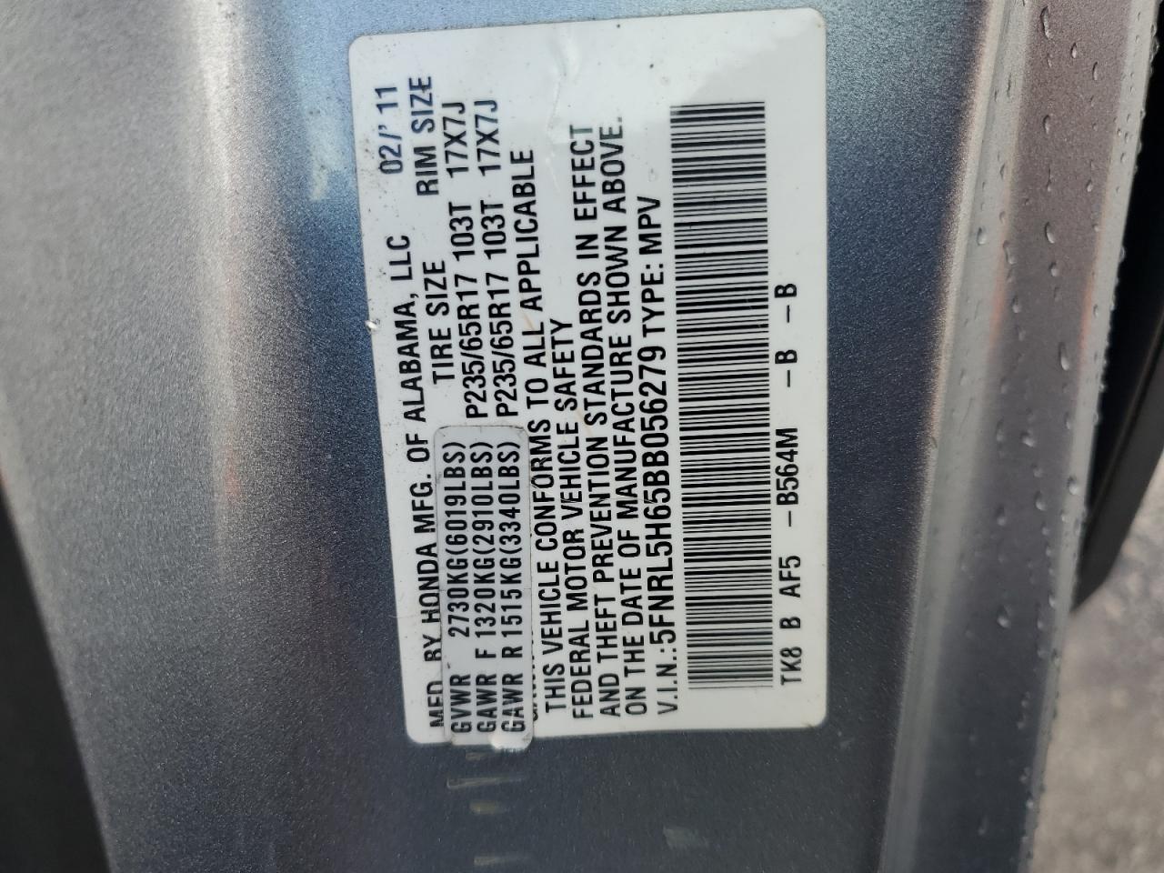 2011 Honda Odyssey Exl VIN: 5FNRL5H65BB056279 Lot: 56479675