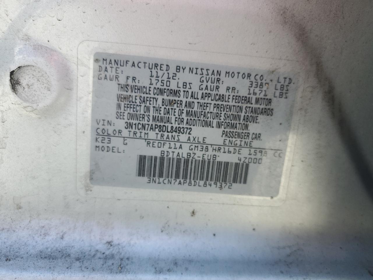 2013 Nissan Versa S VIN: 3N1CN7AP8DL849372 Lot: 55591805