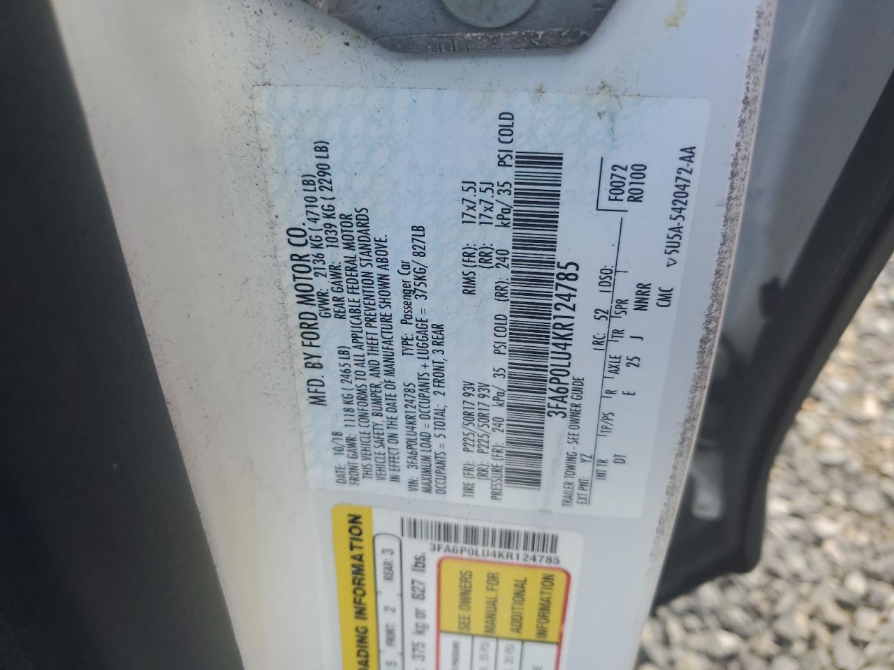 2019 Ford Fusion Se VIN: 3FA6P0LU4KR124785 Lot: 54028625