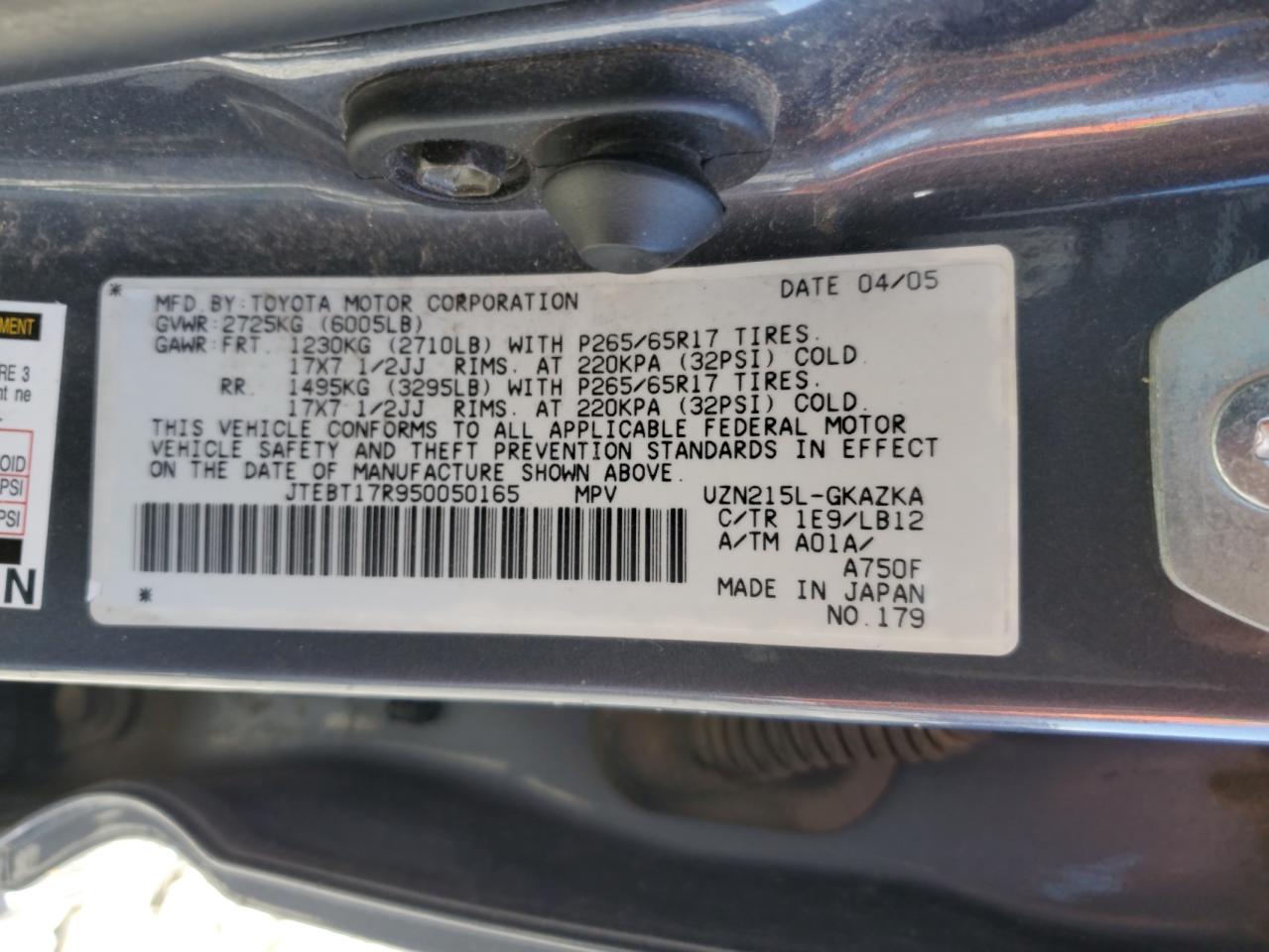 2005 Toyota 4Runner Limited VIN: JTEBT17R950050165 Lot: 57297745