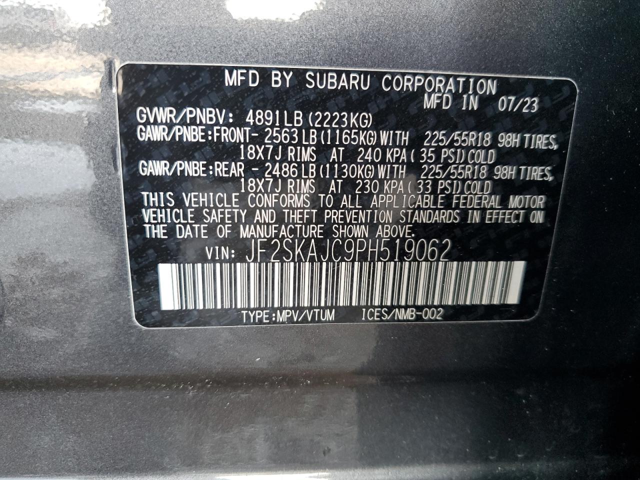 2023 Subaru Forester Sport VIN: JF2SKAJC9PH519062 Lot: 57493575