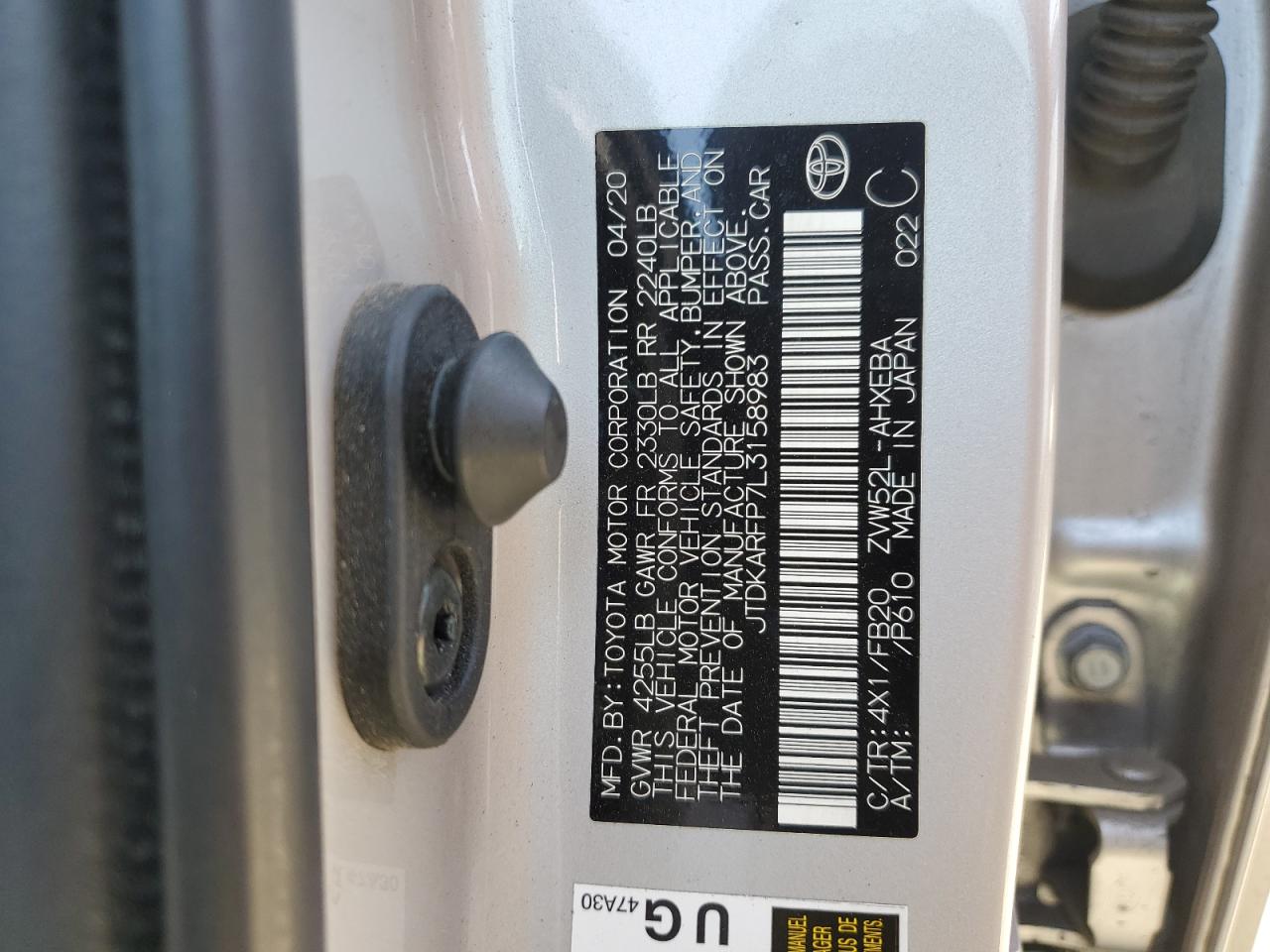 2020 Toyota Prius Prime Le VIN: JTDKARFP7L3158983 Lot: 57030935