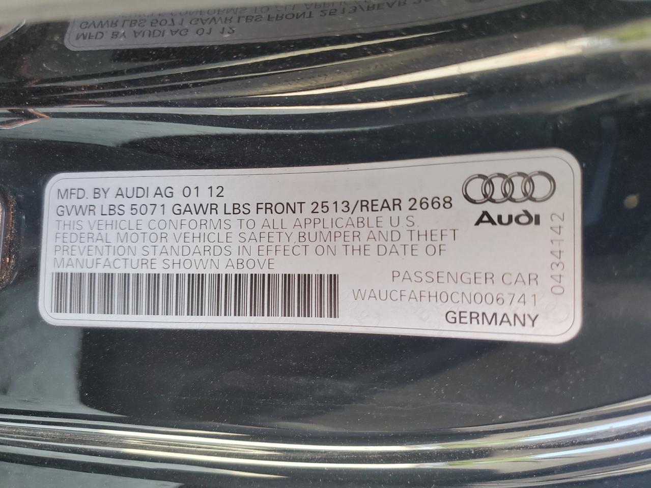 2012 Audi A5 Premium VIN: WAUCFAFH0CN006741 Lot: 56845035