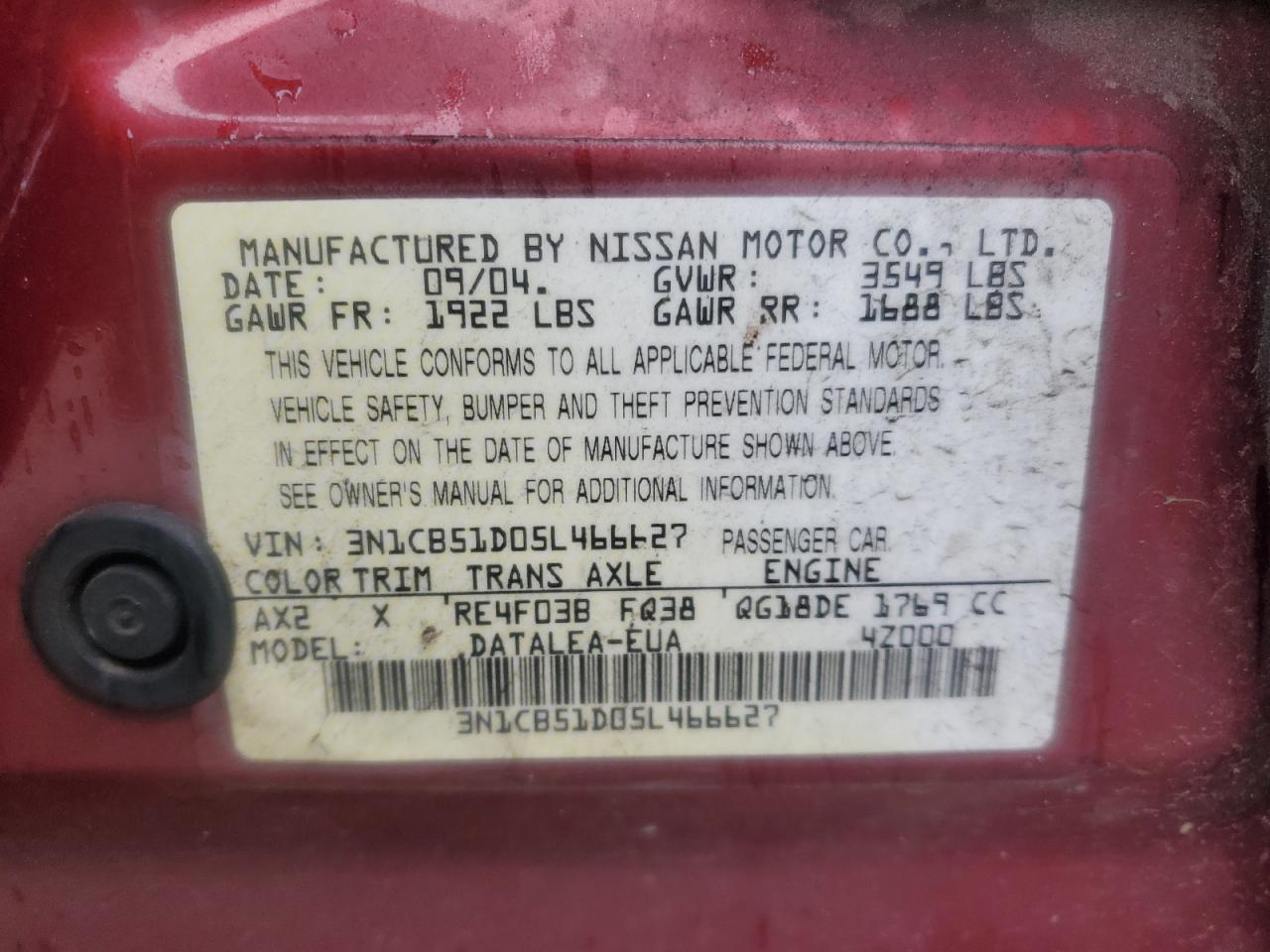 2005 Nissan Sentra 1.8 VIN: 3N1CB51D05L466627 Lot: 57646645