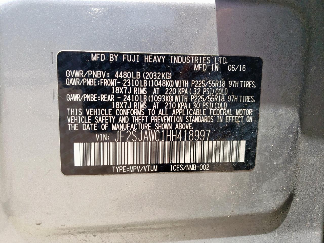 2017 Subaru Forester 2.5I Touring VIN: JF2SJAWC1HH418997 Lot: 57563195