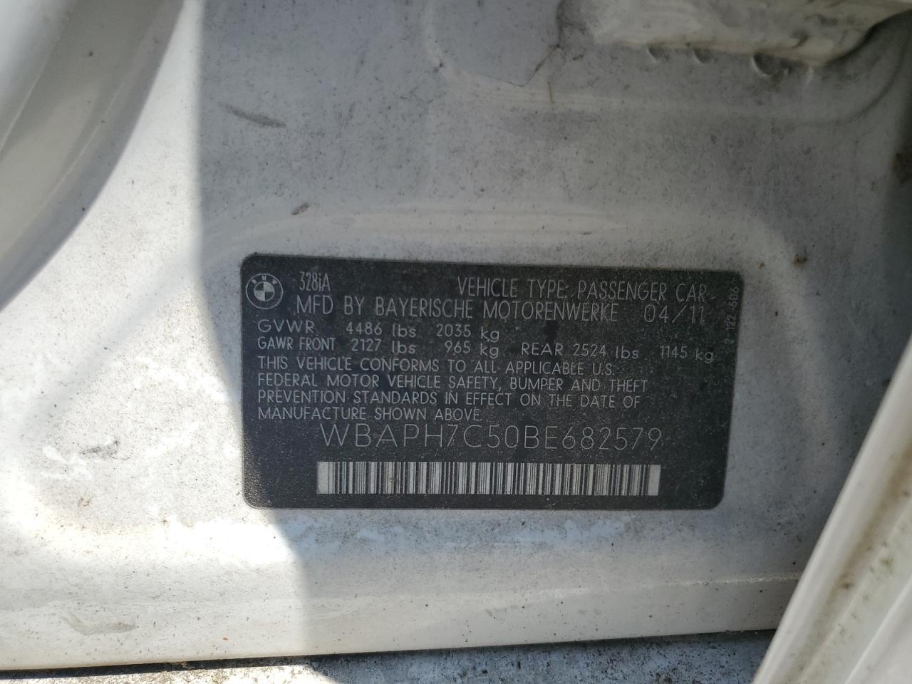 2011 BMW 328 I VIN: WBAPH7C50BE682579 Lot: 57727685