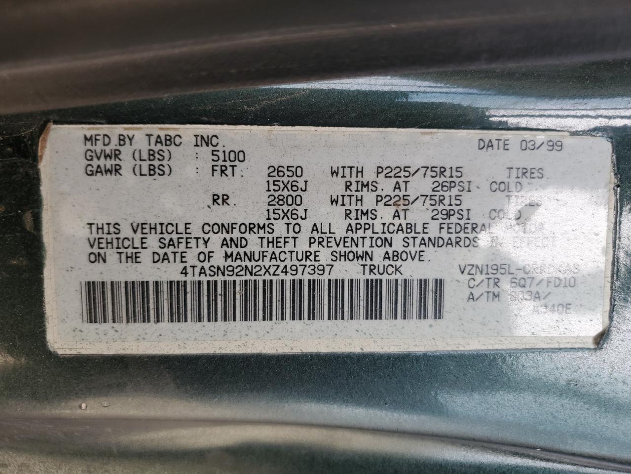 1999 Toyota Tacoma Xtracab Prerunner VIN: 4TASN92N2XZ497397 Lot: 56367005