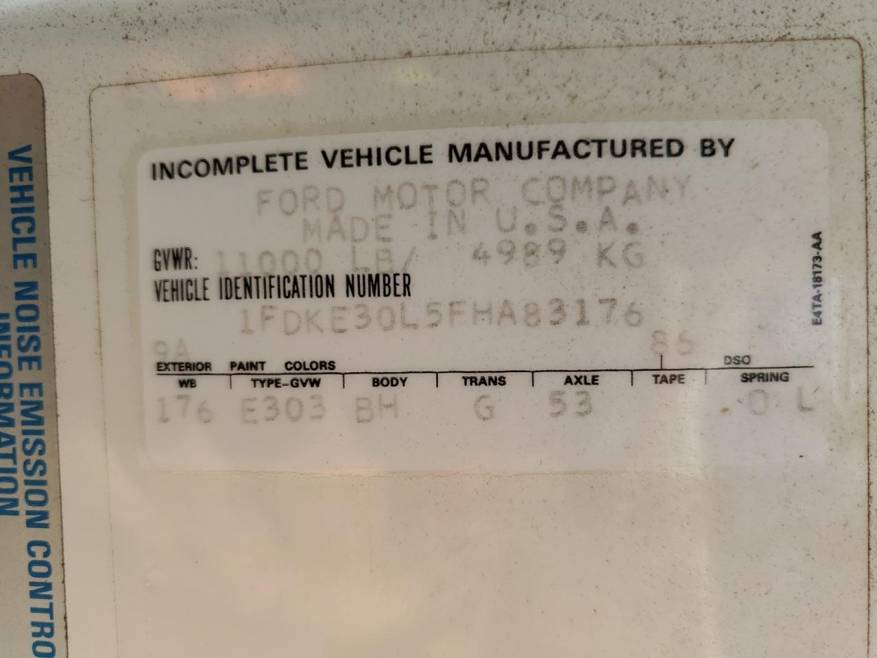 1985 Ford Econoline E350 Cutaway Van VIN: 1FDKE30L5FHA83176 Lot: 55968435