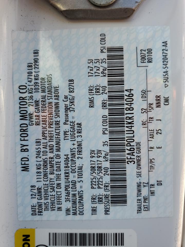 2019 Ford Fusion Se VIN: 3FA6P0LU4KR184064 Lot: 54043725