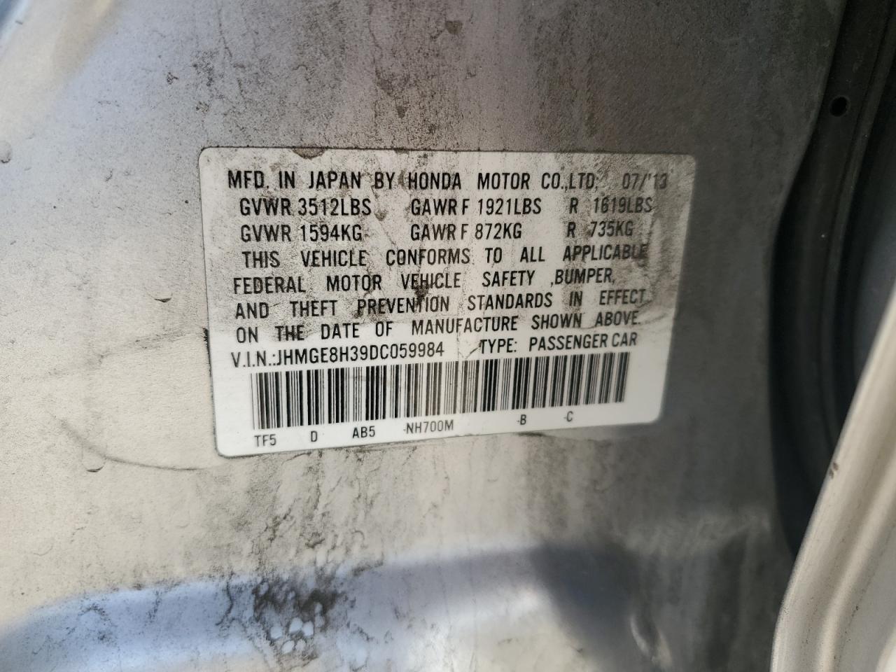 2013 Honda Fit VIN: JHMGE8H39DC059984 Lot: 56229405