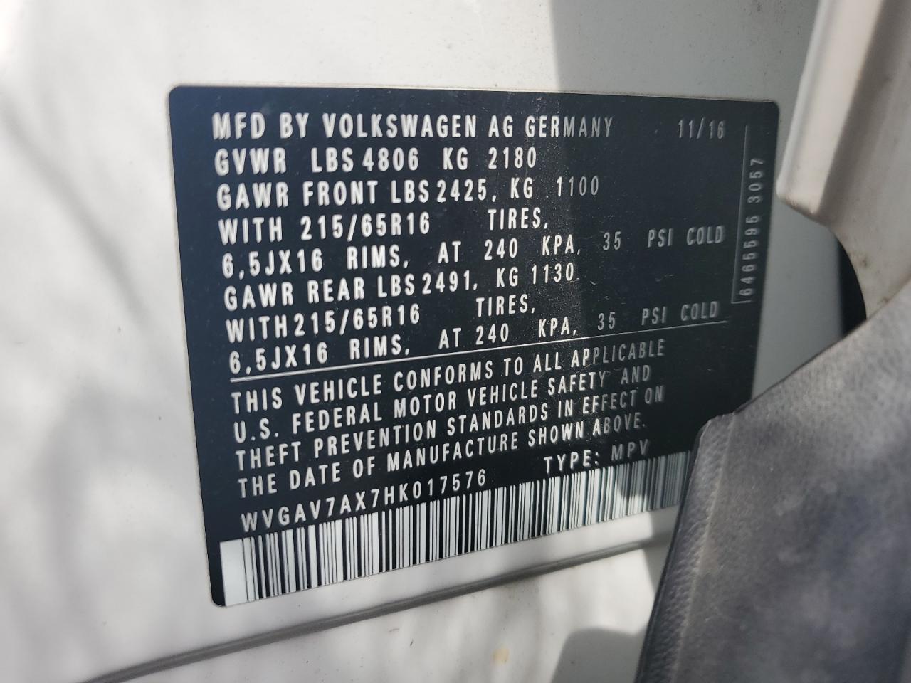 2017 Volkswagen Tiguan S VIN: WVGAV7AX7HK017676 Lot: 58487455