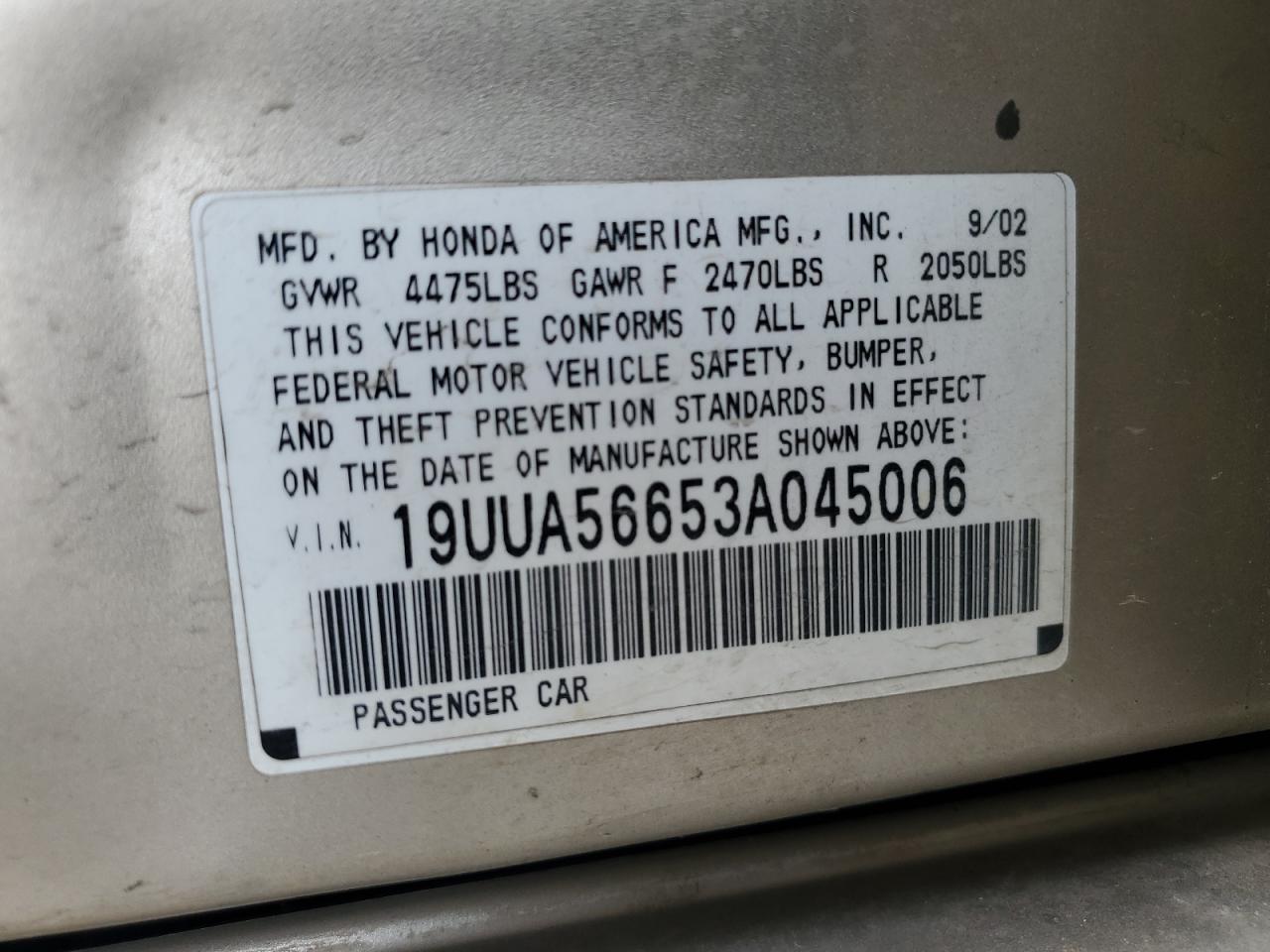 2003 Acura 3.2Tl VIN: 19UUA56653A045006 Lot: 56993555