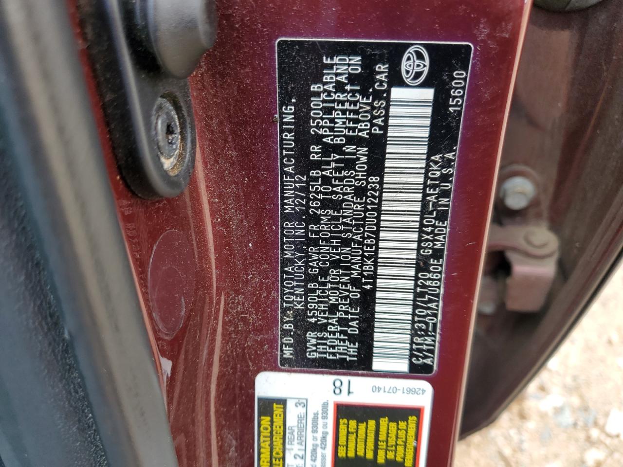 2013 Toyota Avalon Base VIN: 4T1BK1EB7DU012238 Lot: 56979535