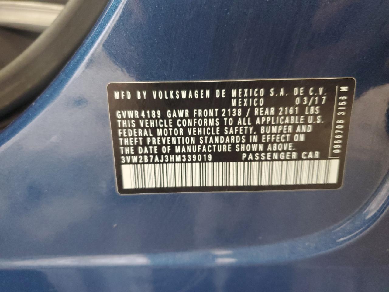 2017 Volkswagen Jetta S VIN: 3VW2B7AJ3HM339019 Lot: 56091305