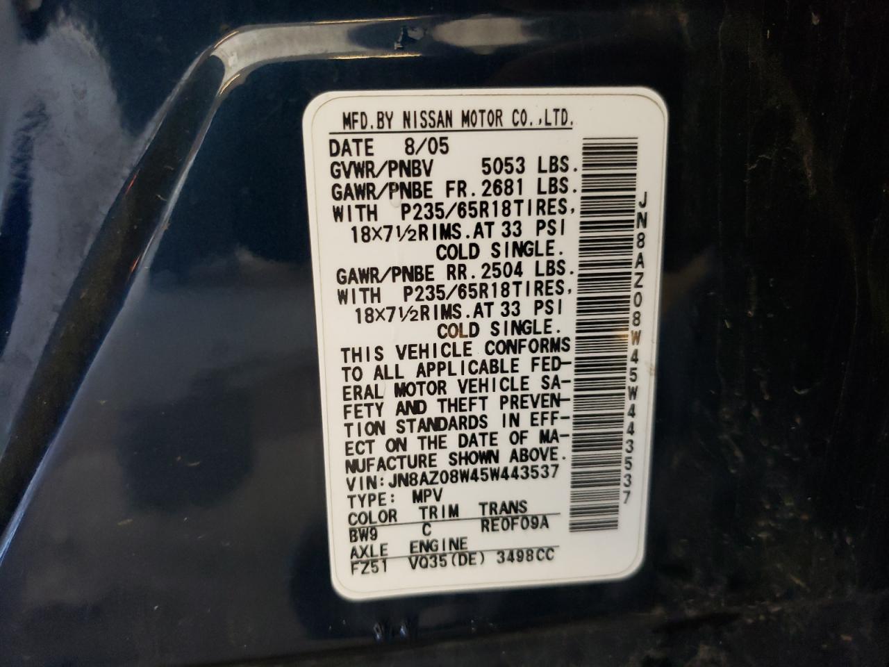 2005 Nissan Murano Sl VIN: JN8AZ08W45W443537 Lot: 56176265