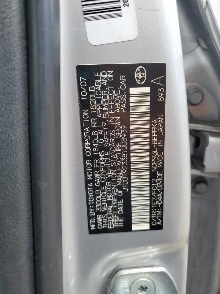 2008 Toyota Yaris VIN: JTDBT923381208939 Lot: 57905075