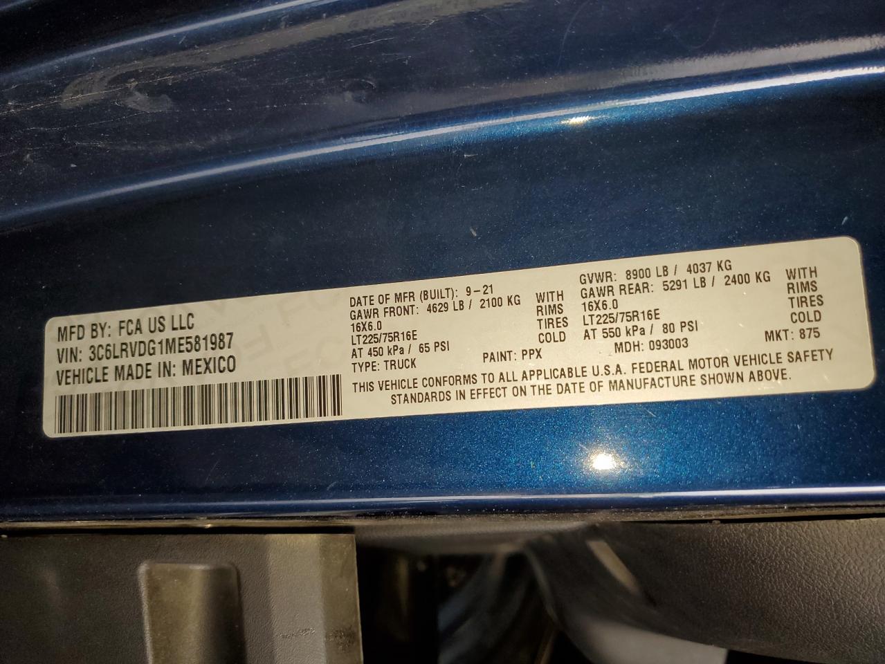 2021 Ram Promaster 2500 2500 High VIN: 3C6LRVDG1ME581987 Lot: 56703355