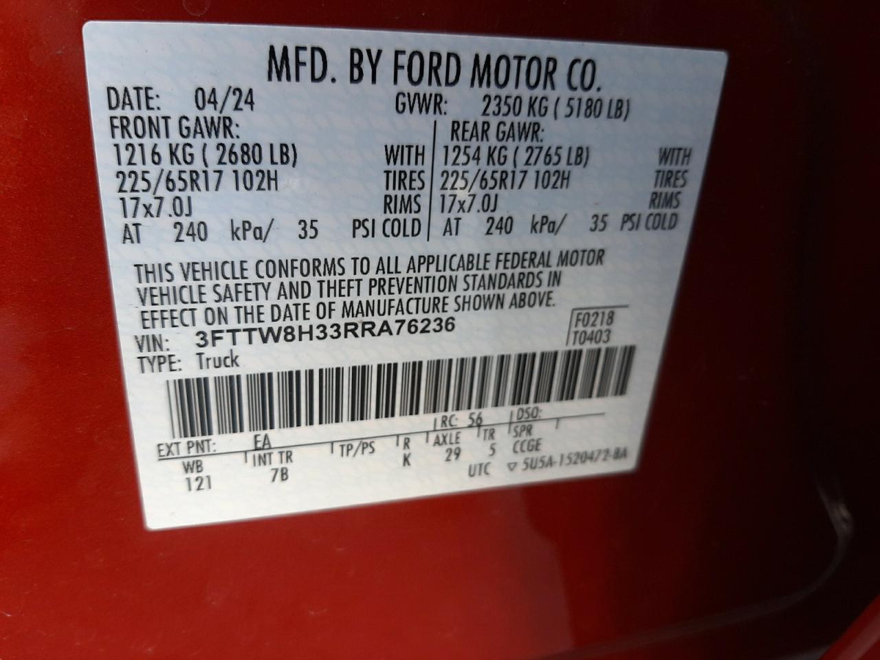 2024 Ford Maverick Xlt VIN: 3FTTW8H33RRA76236 Lot: 55961965