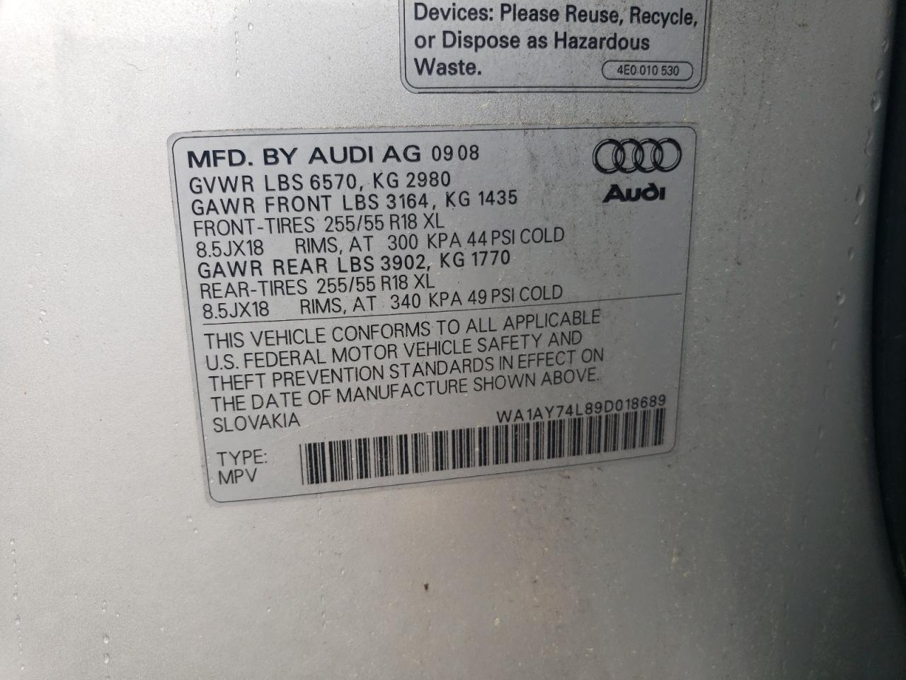 2009 Audi Q7 3.6 Quattro VIN: WA1AY74L89D018689 Lot: 58909275