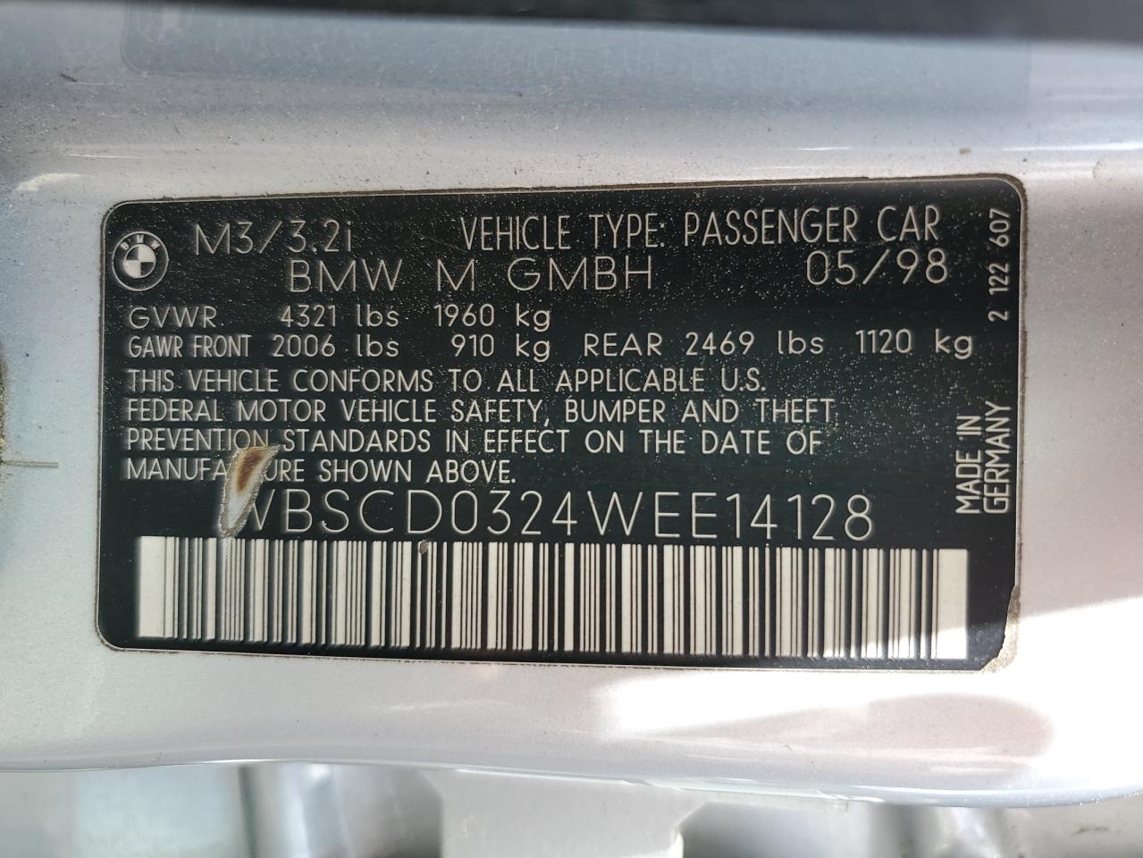 1998 BMW M3 Automatic VIN: WBSCD0324WEE14128 Lot: 54891485