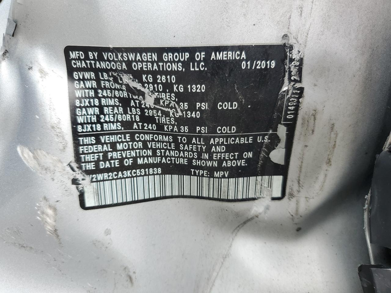 2019 Volkswagen Atlas Se VIN: 1V2WR2CA3KC531838 Lot: 58099285