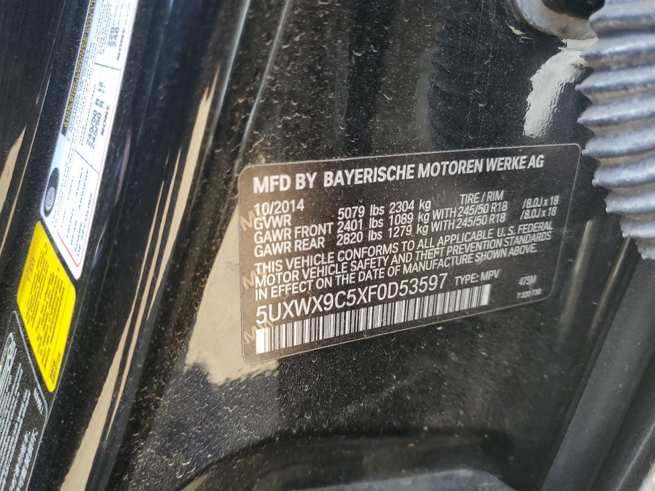 2015 BMW X3 xDrive28I VIN: 5UXWX9C5XF0D53597 Lot: 57285565