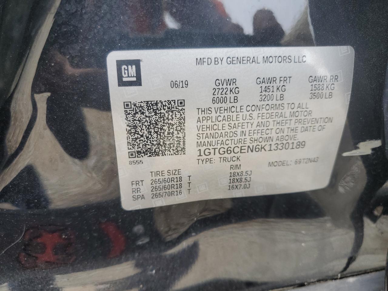 2019 GMC Canyon Sle VIN: 1GTG6CEN6K1330189 Lot: 57125455