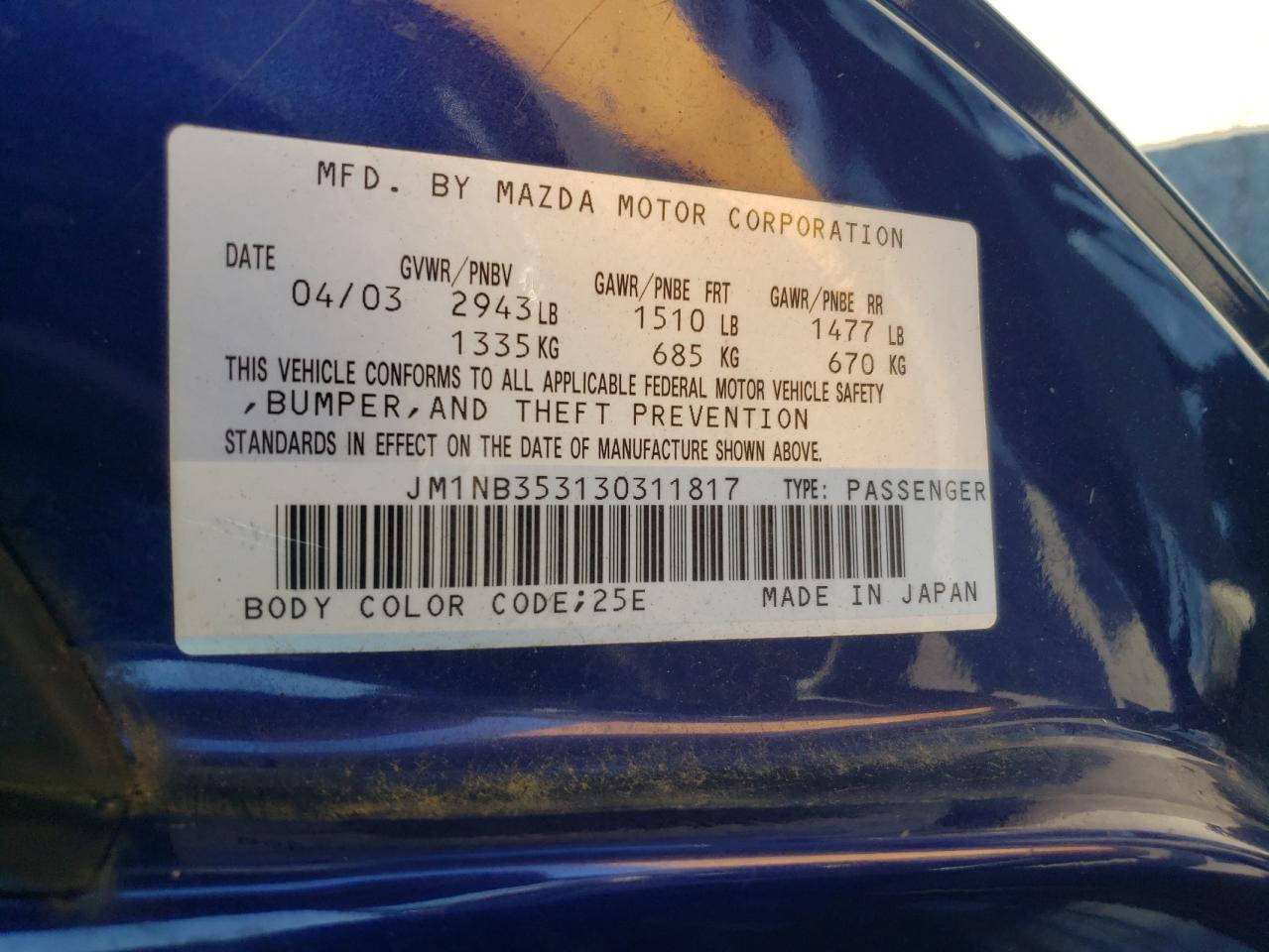 2003 Mazda Mx-5 Miata Base VIN: JM1NB353130311817 Lot: 55493105
