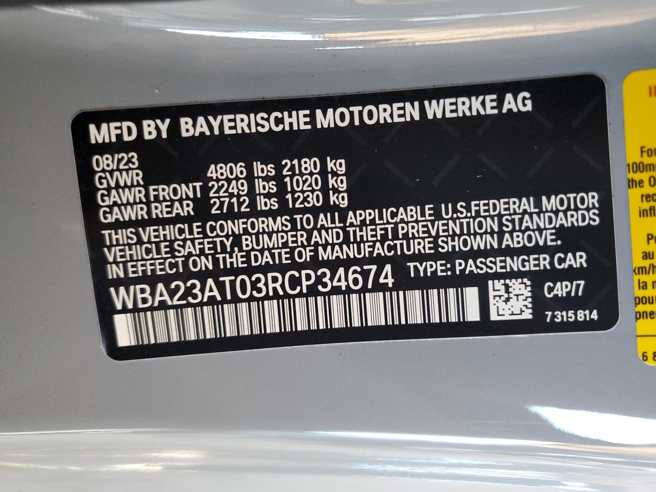2024 BMW 430I VIN: WBA23AT03RCP34674 Lot: 57305345