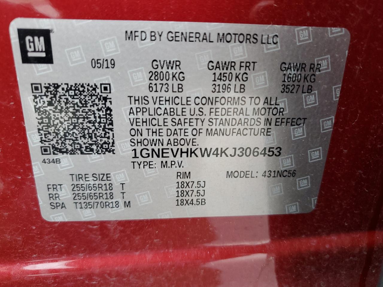 2019 Chevrolet Traverse Lt VIN: 1GNEVHKW4KJ306453 Lot: 58393645