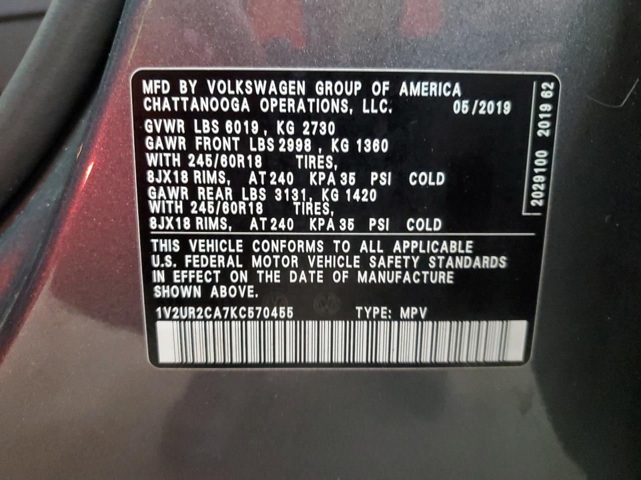 2019 Volkswagen Atlas Se VIN: 1V2UR2CA7KC570455 Lot: 57215295