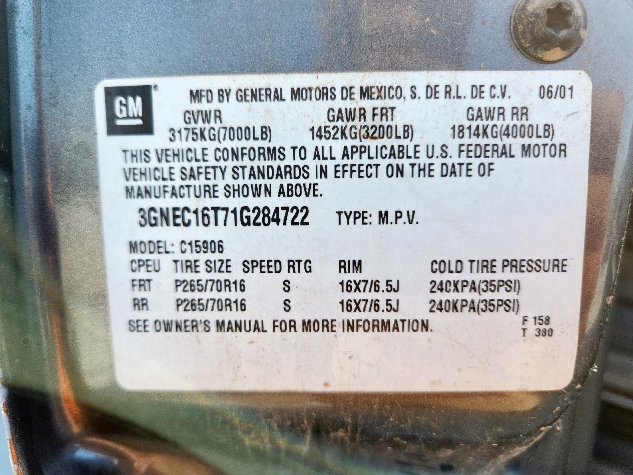 2001 Chevrolet Suburban C1500 VIN: 3GNEC16T71G284722 Lot: 57615975