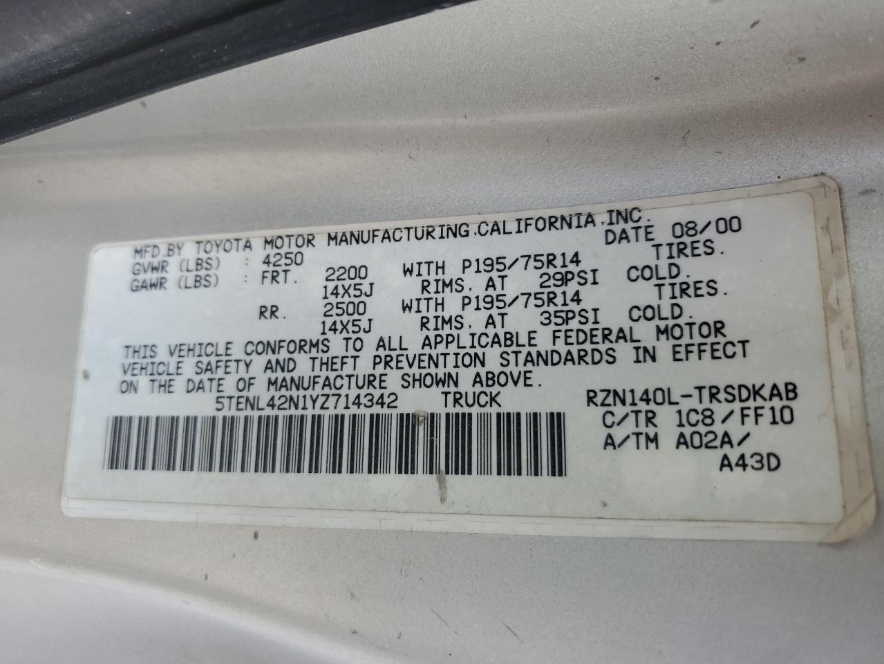 2000 Toyota Tacoma VIN: 5TENL42N1YZ714342 Lot: 56740925
