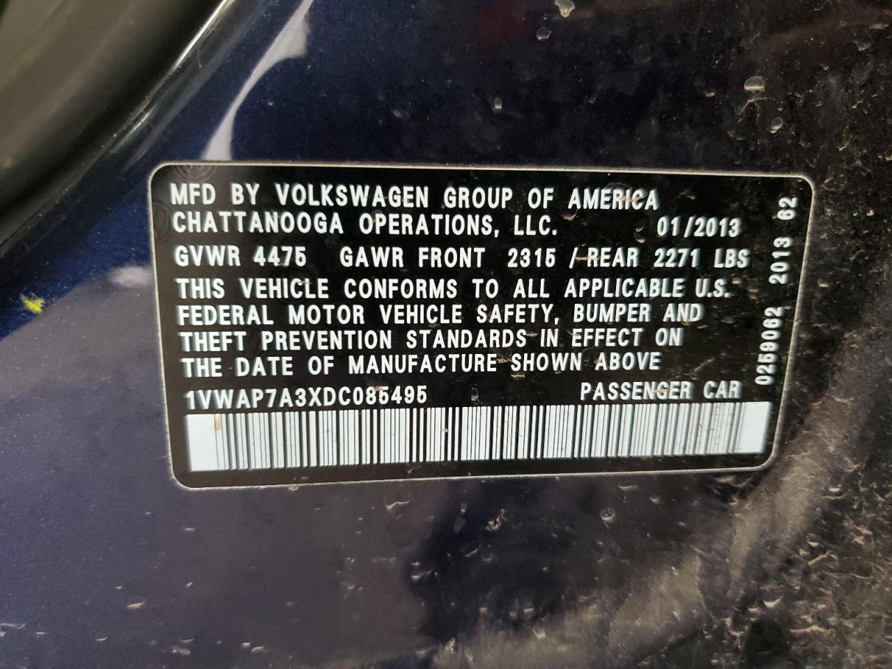 2013 Volkswagen Passat S VIN: 1VWAP7A3XDC085495 Lot: 56910795