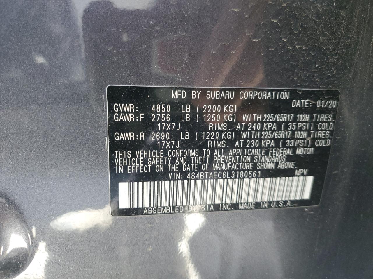 2020 Subaru Outback Premium VIN: 4S4BTAEC6L3180561 Lot: 56052405