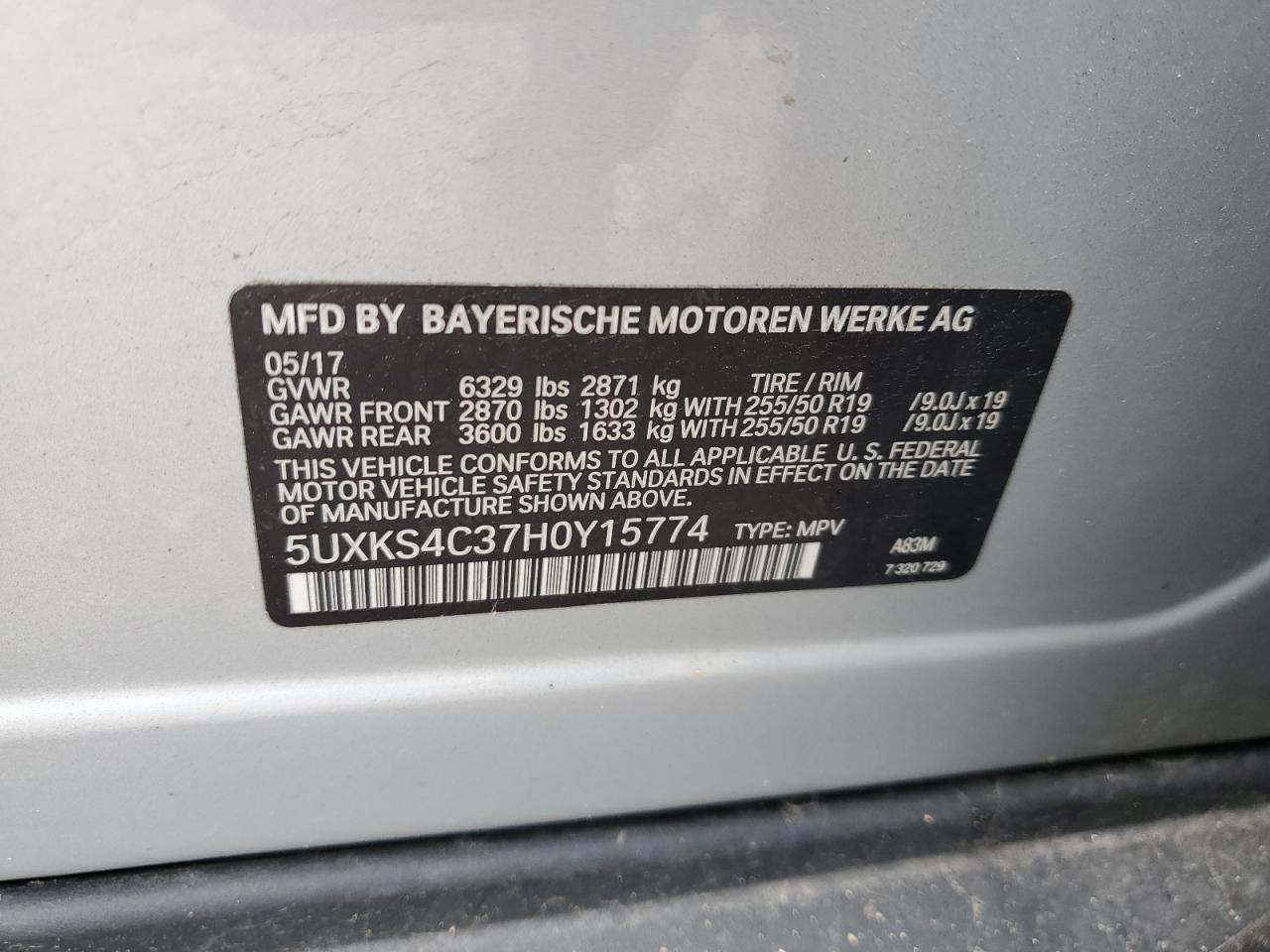 2017 BMW X5 xDrive35D VIN: 5UXKS4C37H0Y15774 Lot: 58573225