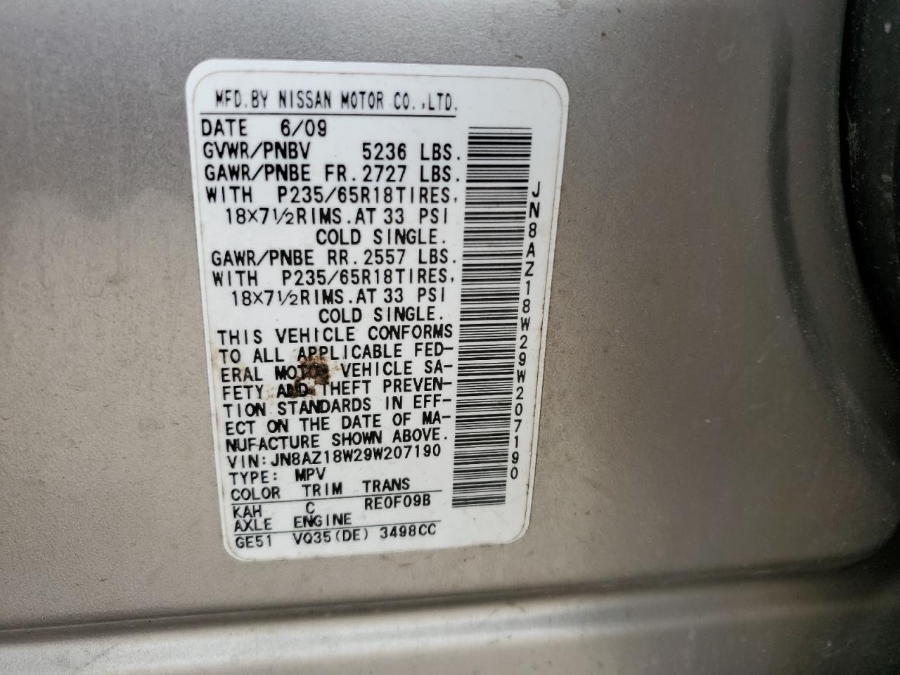 2009 Nissan Murano S VIN: JN8AZ18W29W207190 Lot: 55684275