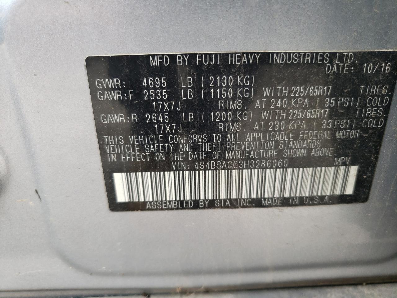 2017 Subaru Outback 2.5I Premium VIN: 4S4BSACC3H3286060 Lot: 58436595