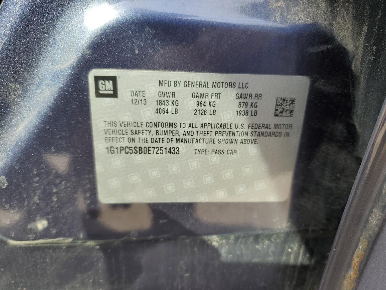 2014 Chevrolet Cruze Lt VIN: 1G1PC5SB0E7251433 Lot: 58558345