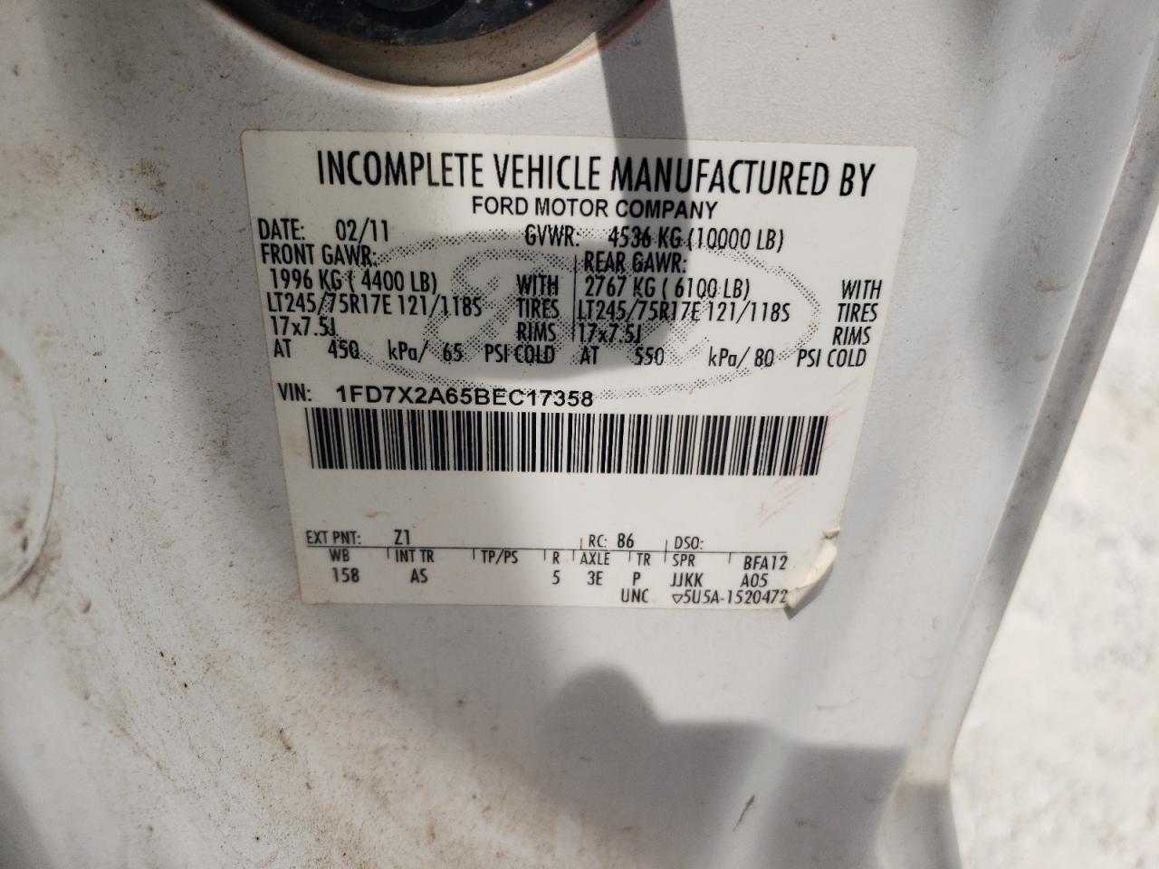 2011 Ford F250 Super Duty VIN: 1FD7X2A65BEC17358 Lot: 57156585