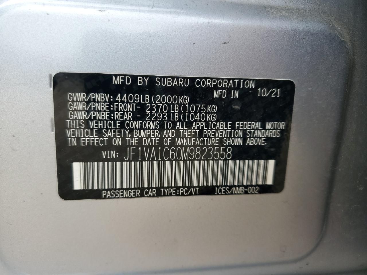 2021 Subaru Wrx Premium VIN: JF1VA1C60M9823558 Lot: 57503815