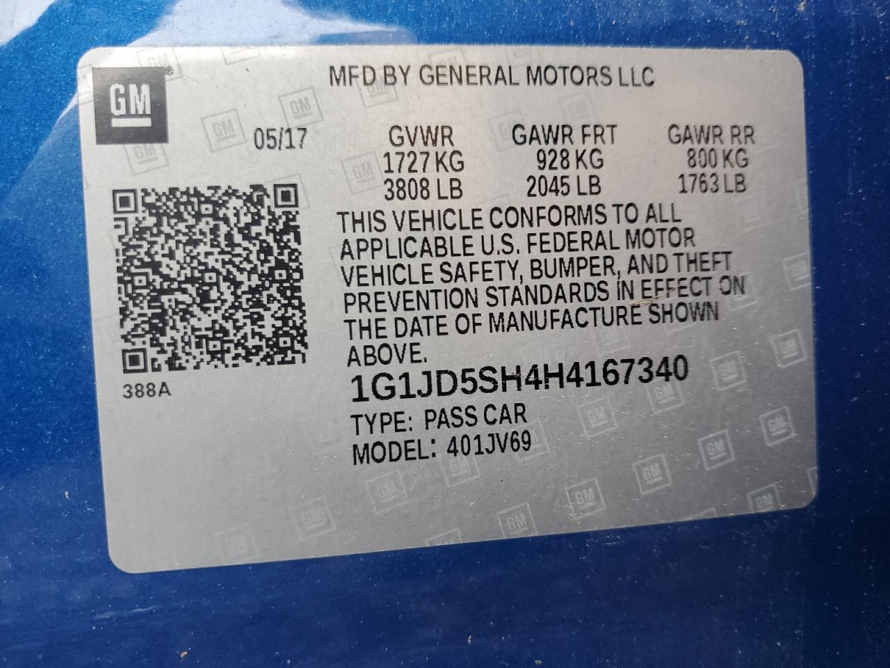 2017 Chevrolet Sonic Lt VIN: 1G1JD5SH4H4167340 Lot: 56767545