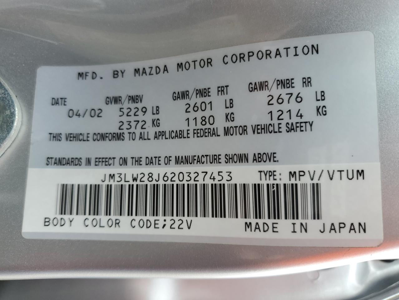 2002 Mazda Mpv Wagon VIN: JM3LW28J620327453 Lot: 56761255