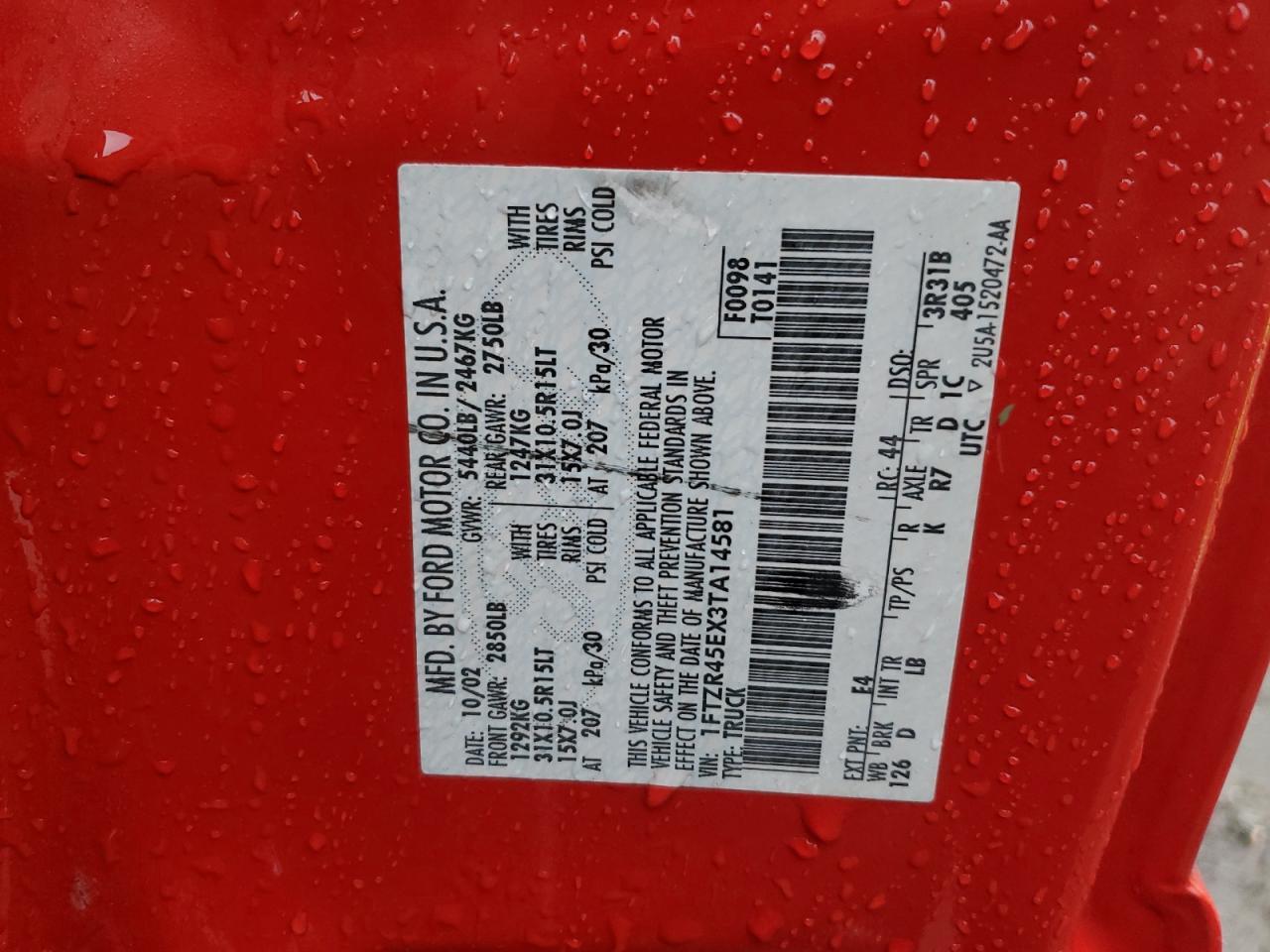 2003 Ford Ranger Super Cab VIN: 1FTZR45EX3TA14581 Lot: 57607895