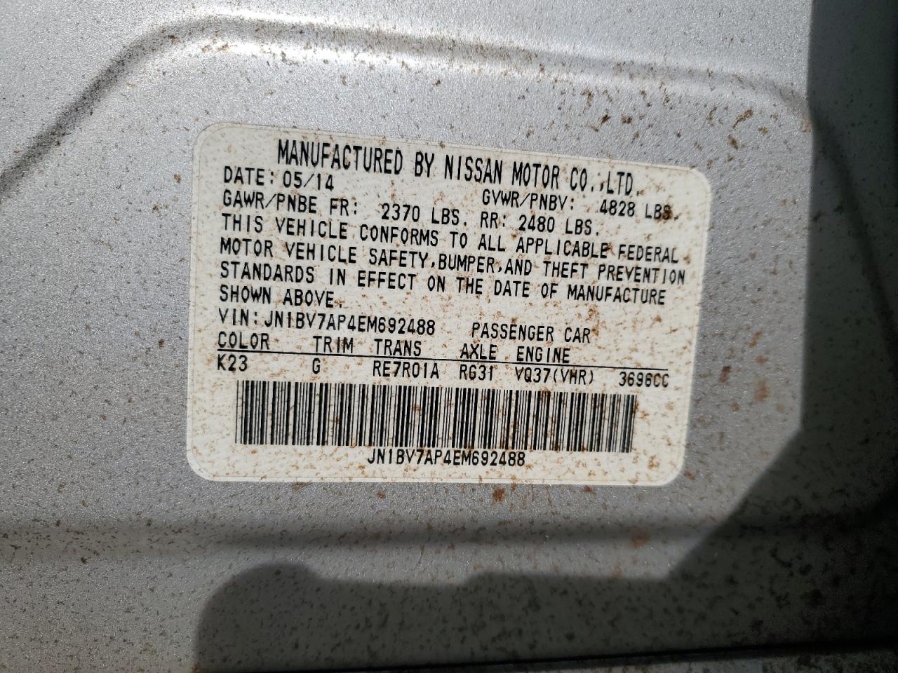 2014 Infiniti Q50 Base VIN: JN1BV7AP4EM692488 Lot: 52278185