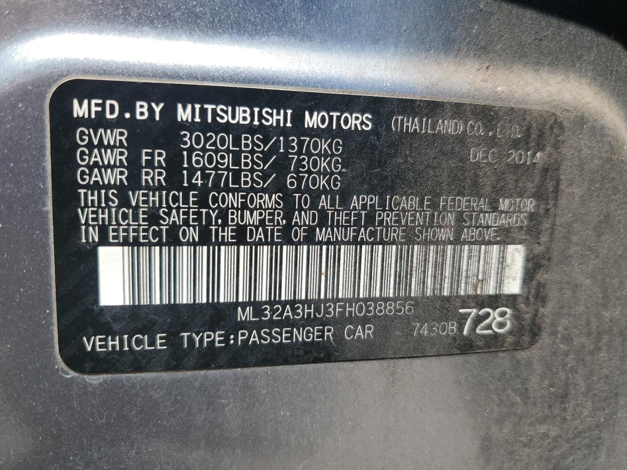 2015 Mitsubishi Mirage De VIN: ML32A3HJ3FH038856 Lot: 58863995
