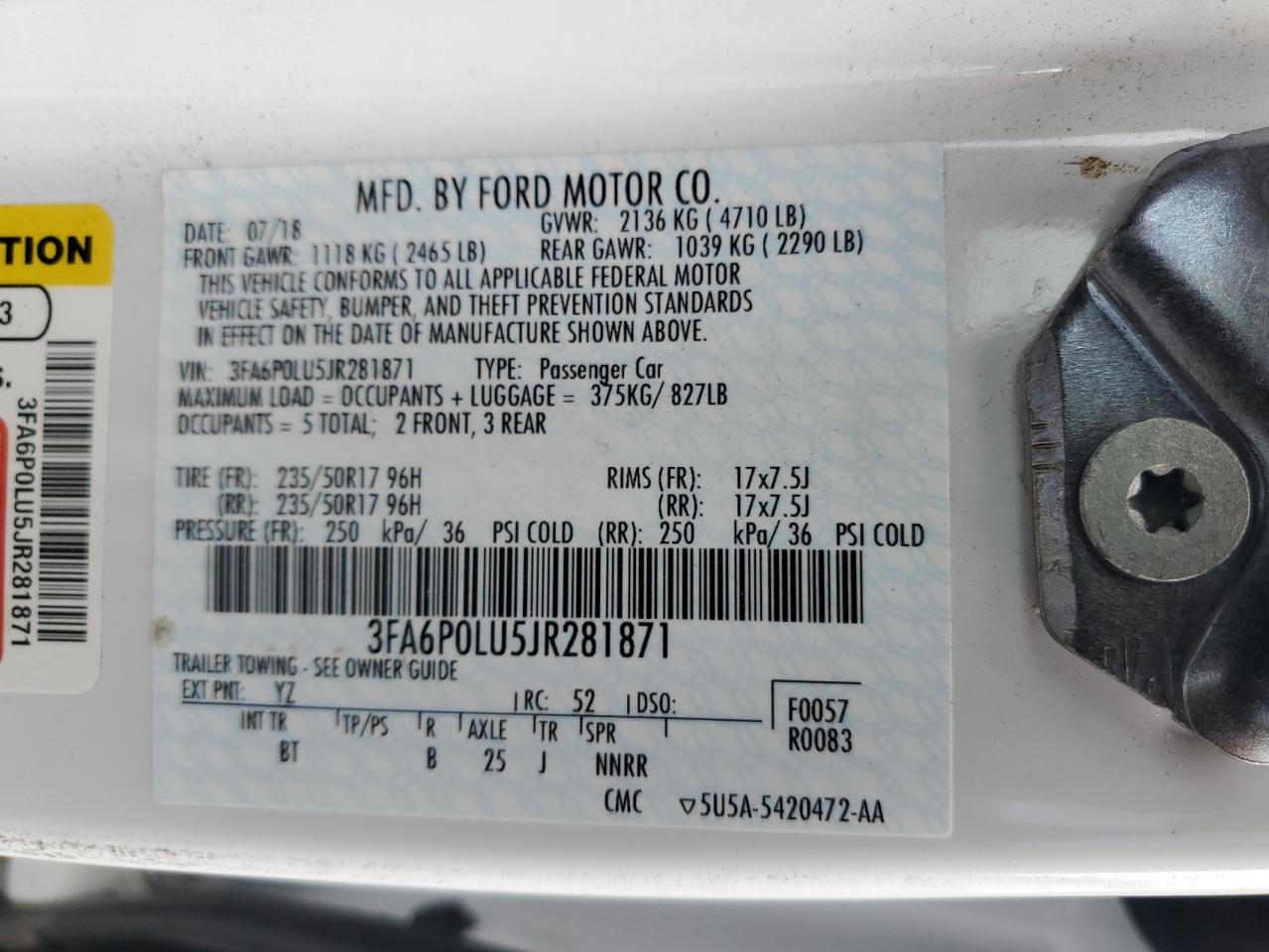 2018 Ford Fusion Se Hybrid VIN: 3FA6P0LU5JR281871 Lot: 54035535