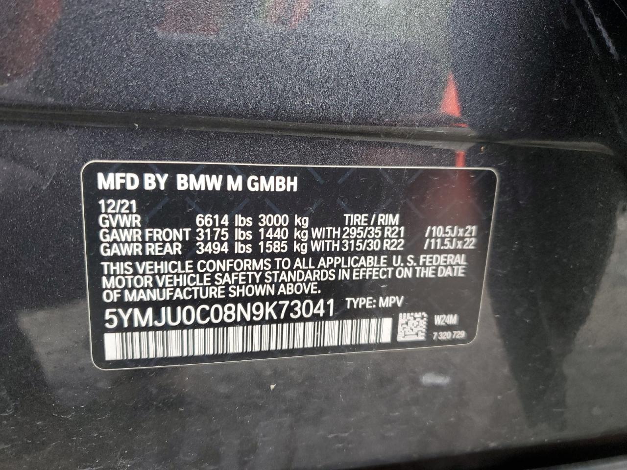 2022 BMW X5 M VIN: 5YMJU0C08N9K73041 Lot: 50552535