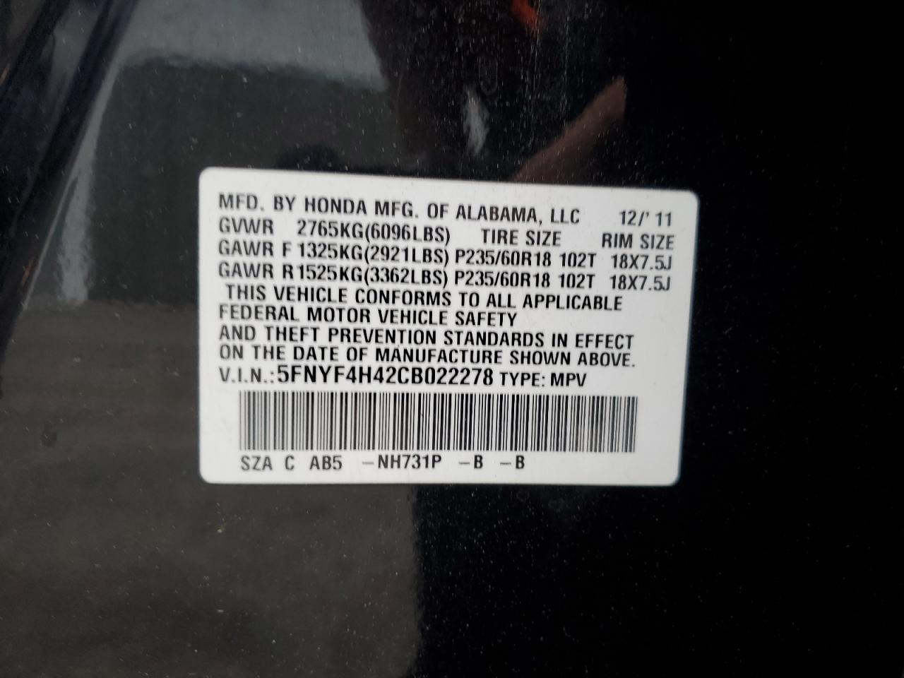 2012 Honda Pilot Ex VIN: 5FNYF4H42CB022278 Lot: 56847675